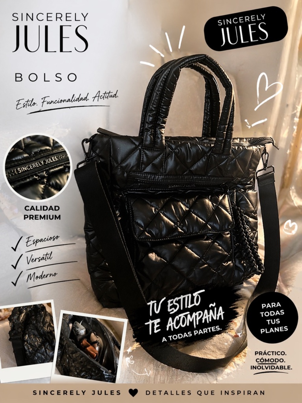 Sincerely Jules Quilted Black Tote with Removable Strap